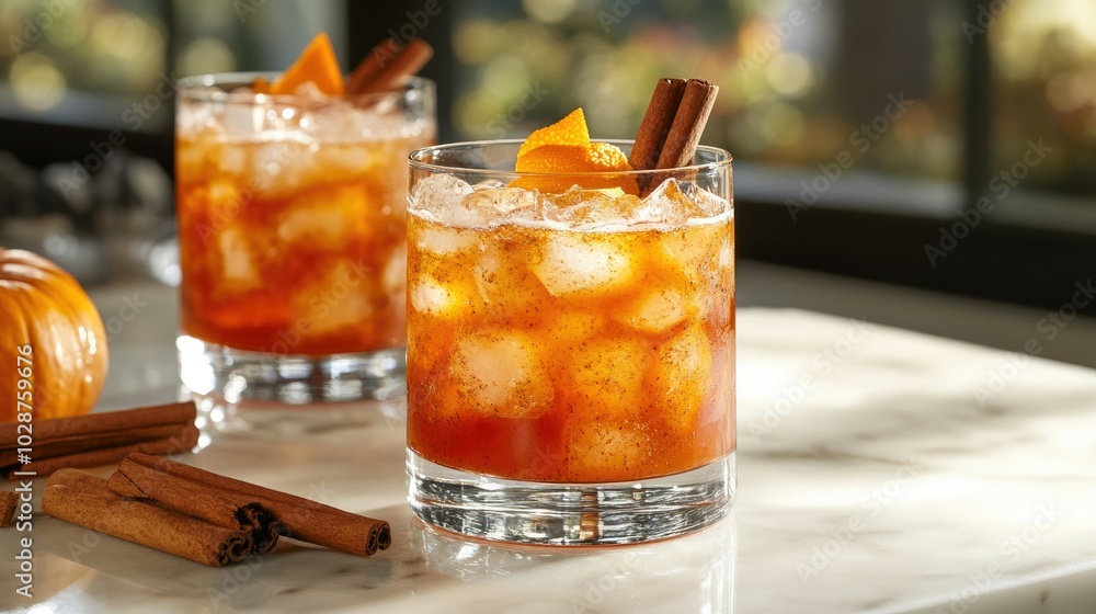 A refreshing pumpkin and orange spiced cocktail, elegantly garnished with cinnamon, inviting viewers to savor the flavors of autumn. A refreshing pumpkin and orange spiced cocktail, elegantly garnished with cinnamon, inviting viewers to savor the flavors of autumn.