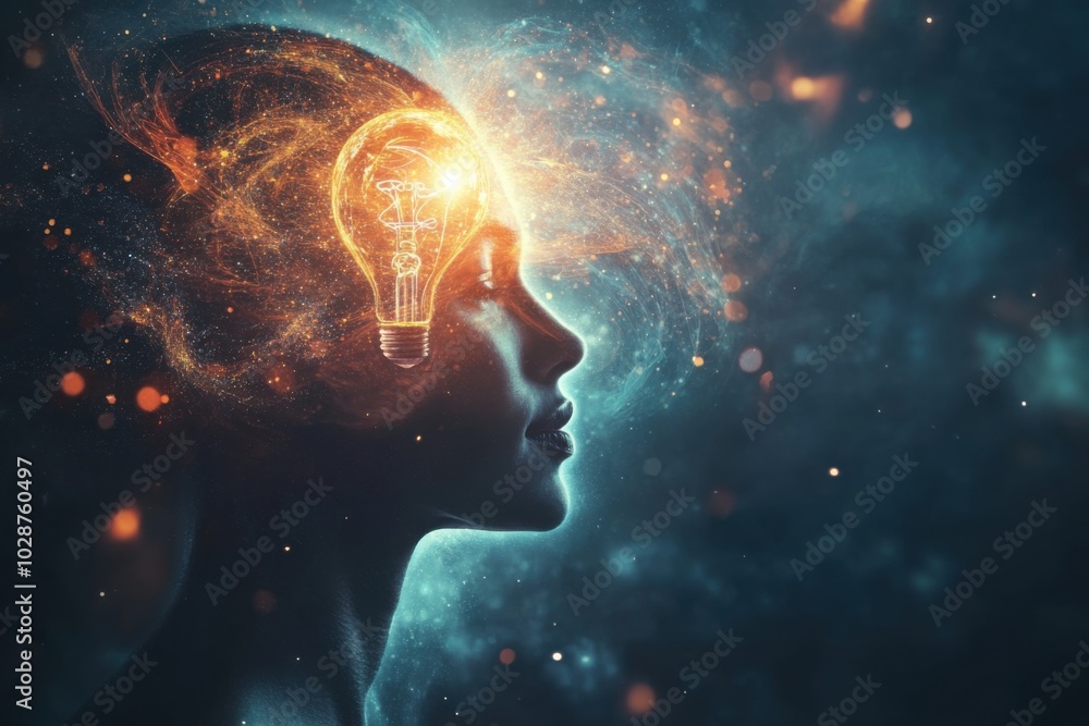 A creative concept with a lightbulb glowing brightly above a person's head, with abstract patterns and colorful shapes swirling around, representing the birth of an idea A creative concept with a lightbulb glowing brightly above a person's head, with abstract patterns and colorful shapes swirling around, representing the birth of an idea