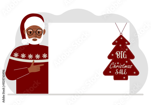 A man near a large white sheet of paper with a big sale label on it. New Year and Christmas sales.