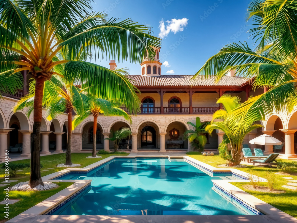 A large pool with palm trees surrounding it. The pool is surrounded by a lush green lawn and there are several lounge chairs and umbrellas scattered around the area. Scene is relaxing and inviting