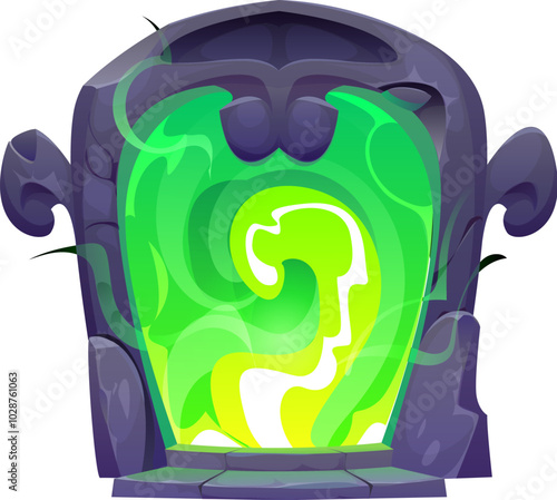 Fantasy magic portal with glowing green energy and stone arch. Mysterious door game asset. Cartoon vector archway with swirling light evoke feelings of mystery, adventure, and otherworldly realms