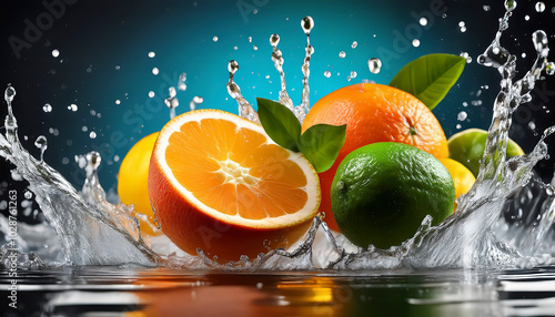 Variety of citrus fruits like oranges and limes are creating a big splash as they land in the water