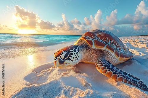 Sea turtle protection: Female turtle lays eggs on the beach A pregnant sea turtle laboriously makes its way to the sandy beach to lay its eggs as the sunset colors the sky. photo