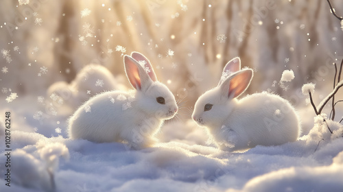 Two white rabbits nestled in a snowy landscape