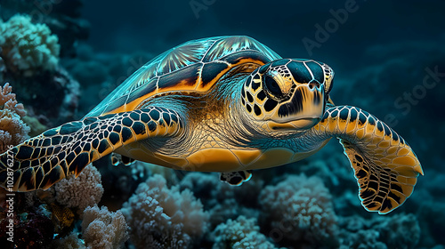 A vibrant sea turtle swimming gracefully through coral reefs.