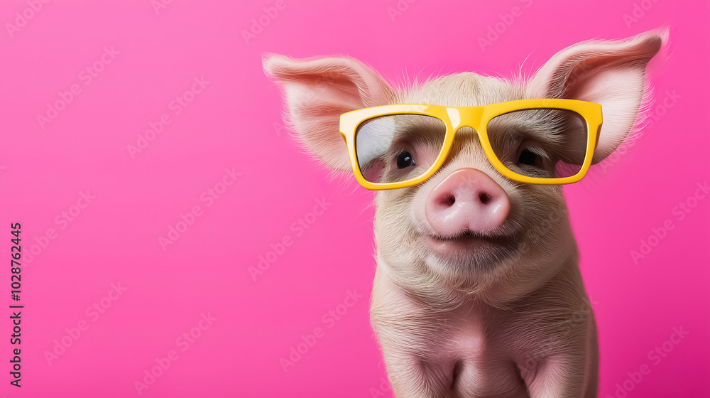 A cute domestic mini pig wearing stylish sunglasses A cute domestic mini pig wearing stylish sunglasses