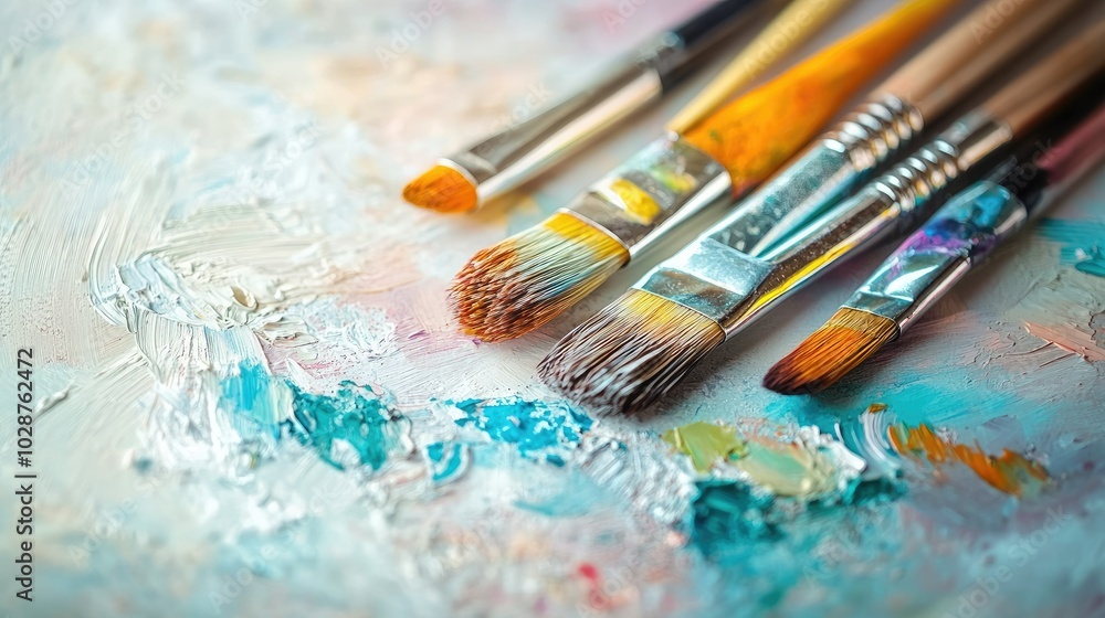 Fototapeta premium A vibrant arrangement of paintbrushes and a watercolor set on a white surface, with ample copy space, ideal for showcasing artistic creativity.