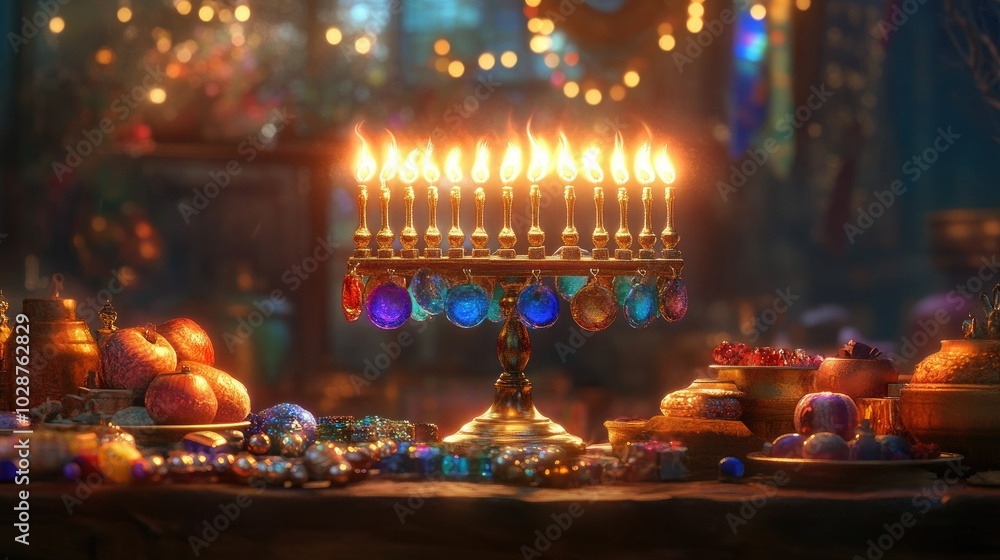 A vibrant Hanukkah celebration with a beautifully illuminated menorah, surrounded by festive decor that embodies the joy and spirit of the Jewish holiday. A vibrant Hanukkah celebration with a beautifully illuminated menorah, surrounded by festive decor that embodies the joy and spirit of the Jewish holiday.