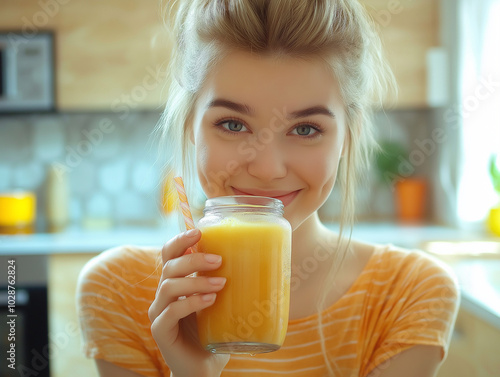 młoda piękna uśmiechnięta dziewczyna ze szklanką  smoothie.	 photo