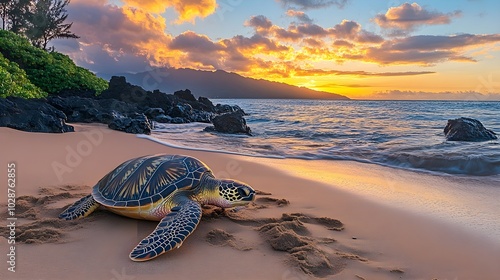 Sea turtle protection: Female turtle lays eggs on the beach A pregnant sea turtle laboriously makes its way to the sandy beach to lay its eggs as the sunset colors the sky. photo