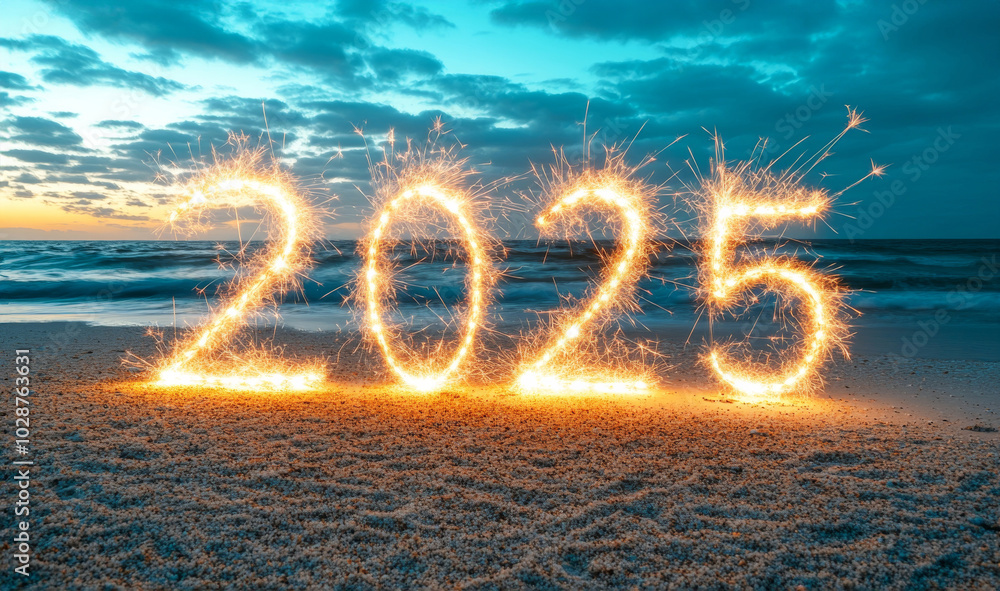 Fireworks of the number 2025 on the beach, new year concept Fireworks of the number 2025 on the beach, new year concept