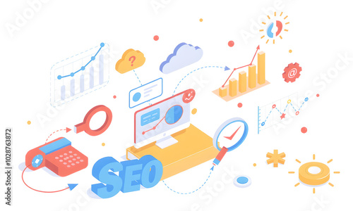 Illustration of digital marketing concepts featuring SEO tools, data graphs, and online strategies set against a light background