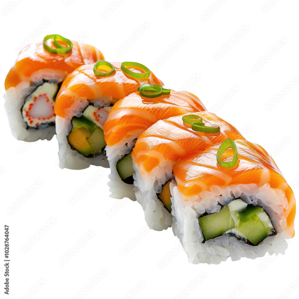 A sushi roll with four pieces of cucumber and a piece of avocado A sushi roll with four pieces of cucumber and a piece of avocado
