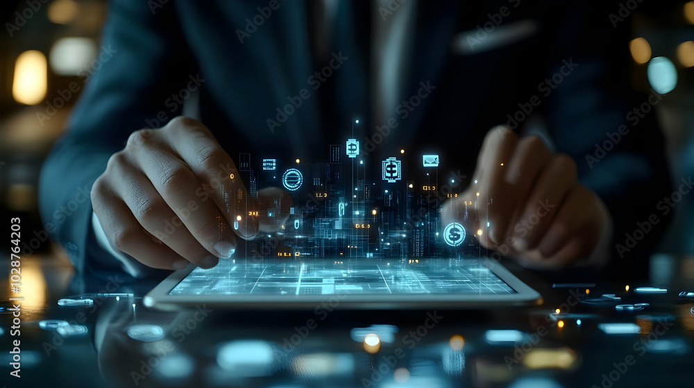 3D Close-Up of Businessman Using Tablet with Holographic Currency Icons for Financial Management on Glossy White Background 3D Close-Up of Businessman Using Tablet with Holographic Currency Icons for Financial Management on Glossy White Background