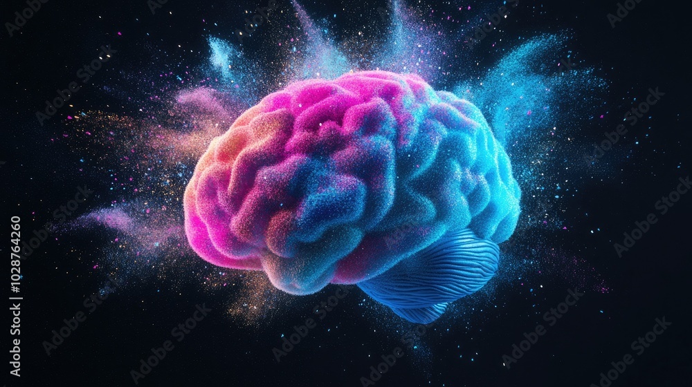 Obraz premium Abstract 3D illustration of a human brain made of powder, with vivid colors like neon pink and blue, in a swirling motion against a black backdrop.