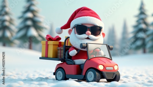 Santa Claus drives a mini red car through a snowy forest, delivering presents. This festive scene adds a playful twist to Santa’s traditional holiday deliveries. photo