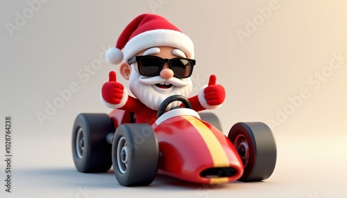 Santa Claus gives a thumbs-up while driving a small red race car. This energetic and fun-filled scene showcases Santa’s playful side as he speeds through the holidays.