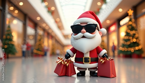 Santa Claus, wearing sunglasses, is in a shopping mall carrying gift bags. The festive decorations in the background add to the Christmas shopping atmosphere.