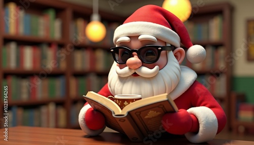 Santa Claus, sitting in a cozy library, enjoys a good book and a cup of hot chocolate. The warm setting, surrounded by bookshelves, adds to the holiday charm.