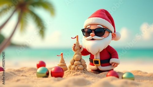 Santa Claus enjoys a tropical Christmas on the beach, building a sandcastle and decorating it with festive ornaments. The palm trees and sand offer a fun holiday contrast.