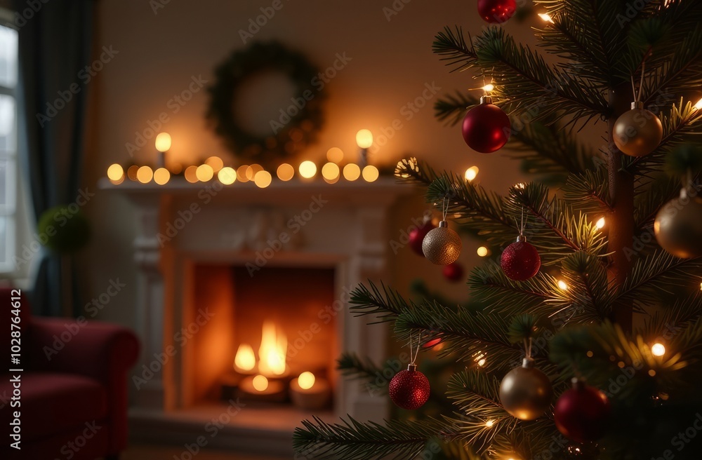 Part of a homely Christmas setting with a decorated Christmas tree, a burning fireplace and candles. Part of a homely Christmas setting with a decorated Christmas tree, a burning fireplace and candles.