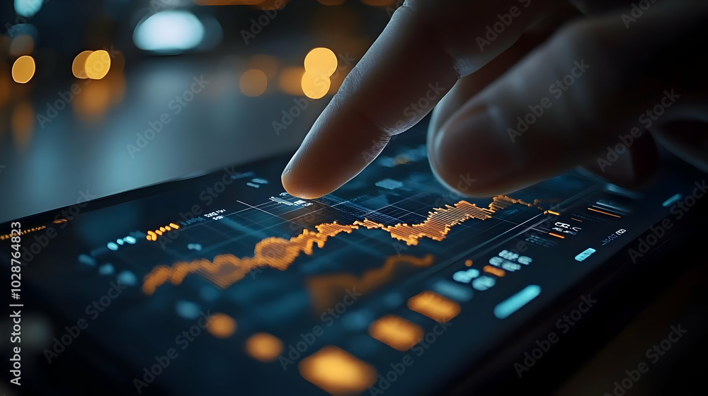 3D Close-Up of a Smartphone Displaying Real-Time Stock Trends with Hand Interaction - Emphasizing Financial Data Accessibility in the Digital Age 3D Close-Up of a Smartphone Displaying Real-Time Stock Trends with Hand Interaction - Emphasizing Financial Data Accessibility in the Digital Age