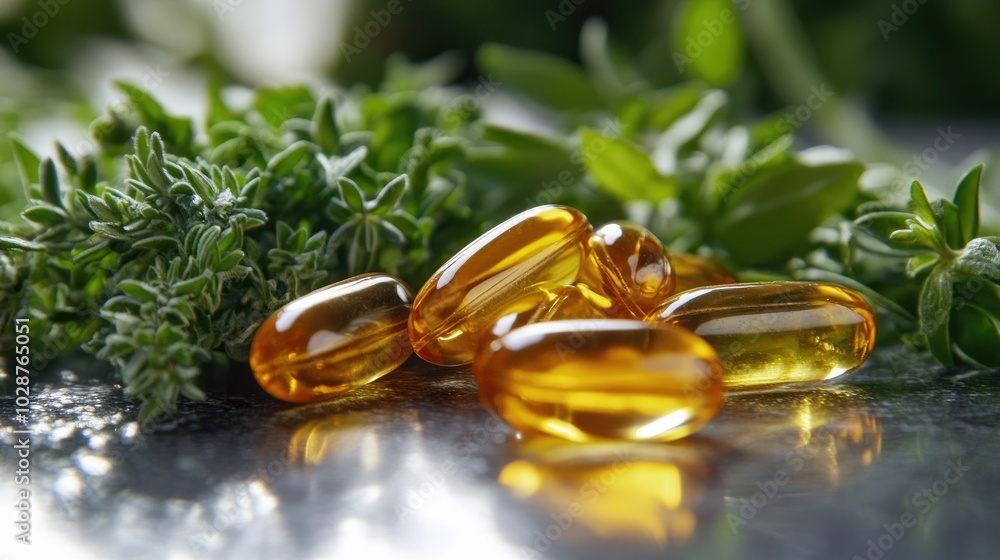 Alternative medicine capsules, including omega 3 fish oil and vitamin E, displayed with fresh herbs and a glass of water. Alternative medicine capsules, including omega 3 fish oil and vitamin E, displayed with fresh herbs and a glass of water.