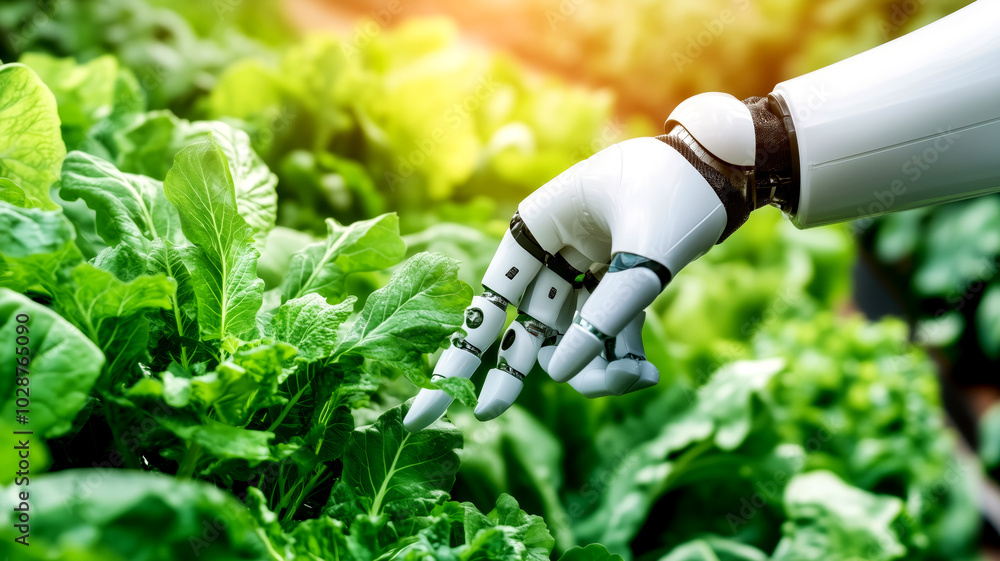 Robotic hand tending to fresh green vegetables in a garden Robotic hand tending to fresh green vegetables in a garden