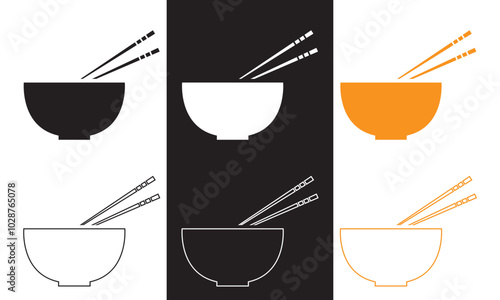 Cartoon bowl and eating chopsticks or Chinese chopsticks. In Chinese,  Food, sushi, noodles. Thai, Japanese or Asian cuisine. Restaurant tools. Vector illustration . EPS 10