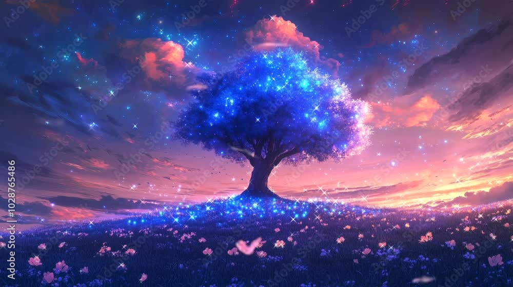 A glowing blue tree of light stands tall in a vibrant, cosmic landscape with shimmering stars and ethereal butterflies. Looping 4k video animation background A glowing blue tree of light stands tall in a vibrant, cosmic landscape with shimmering stars and ethereal butterflies. Looping 4k video animation background