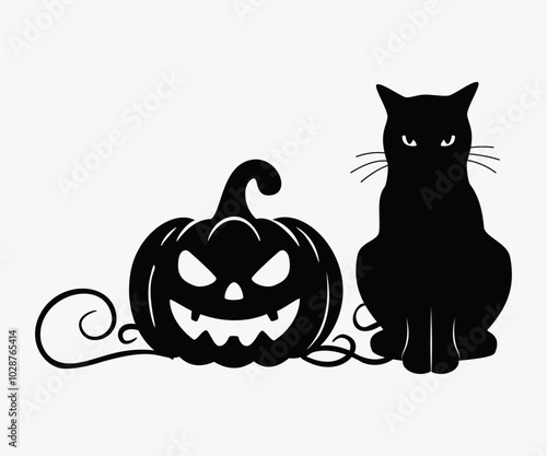 Czarny kot i dynia na Halloween. Wektorowa ilustracja.