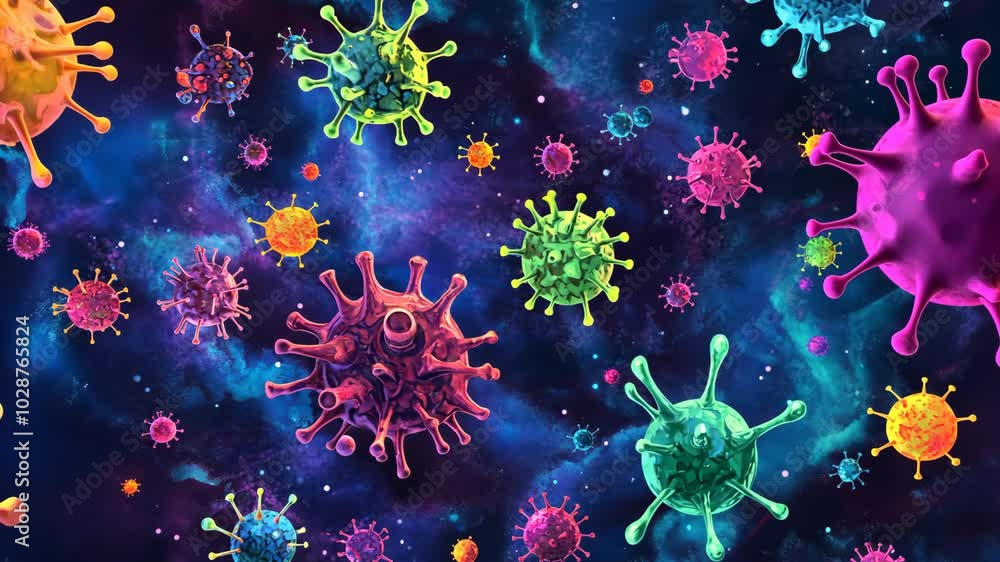 A vibrant illustration depicts colorful viruses against a dark blue, starry background A vibrant illustration depicts colorful viruses against a dark blue, starry background