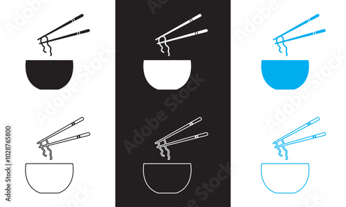Cartoon bowl and eating chopsticks or Chinese chopsticks. In Chinese,  Food, sushi, noodles. Thai, Japanese or Asian cuisine. Restaurant tools. Vector illustration . EPS 10