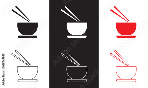 Cartoon bowl and eating chopsticks or Chinese chopsticks. In Chinese,  Food, sushi, noodles. Thai, Japanese or Asian cuisine. Restaurant tools. Vector illustration . EPS 10