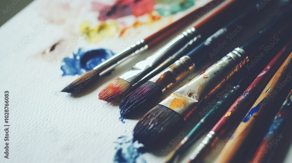 Fototapeta premium An artistic display of watercolor paints and brushes on a white table, creating a perfect setting for creative expression and ample copy space.
