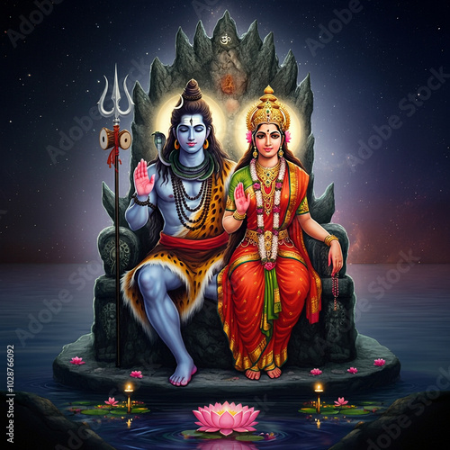 Lord Shiva and Goddess Parvati seated together on a throne, with Shiva holding his trident and Parvati radiating grace