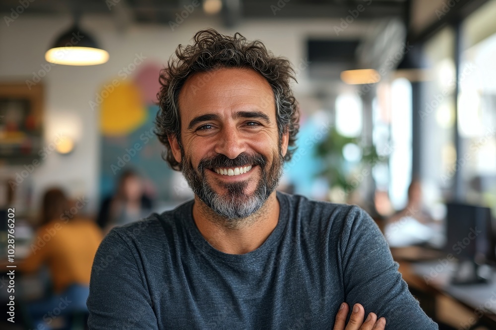 Happy businessman smiling in a co-working space, Generative AI Happy businessman smiling in a co-working space, Generative AI