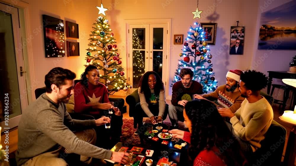 Friends playing games during Christmas gathering Friends playing games during Christmas gathering