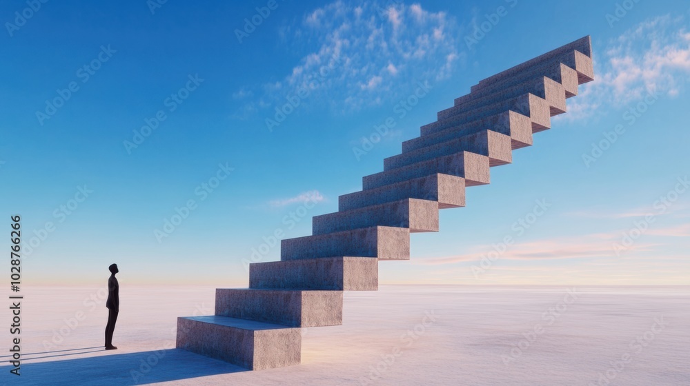 Fototapeta premium A person gazes at a surreal staircase ascending into the sky under a clear blue sky, AI