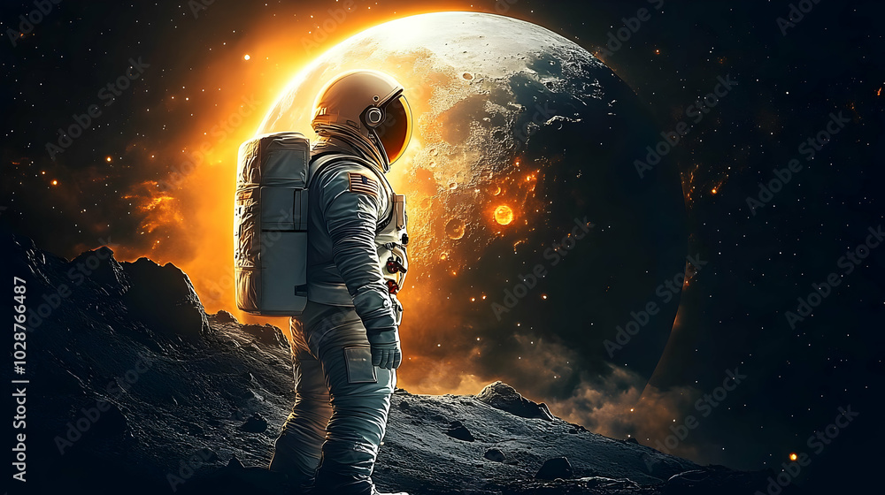 Astronaut standing on a lunar surface with a cosmic backdrop. Astronaut standing on a lunar surface with a cosmic backdrop.