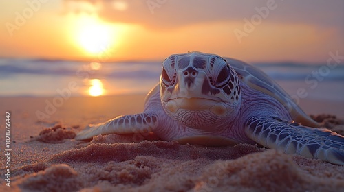 Sea turtle protection: Female turtle lays eggs on the beach A pregnant sea turtle laboriously makes its way to the sandy beach to lay its eggs as the sunset colors the sky. photo