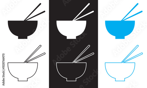 Cartoon bowl and eating chopsticks or Chinese chopsticks. In Chinese,  Food, sushi, noodles. Thai, Japanese or Asian cuisine. Restaurant tools. Vector illustration . EPS 10