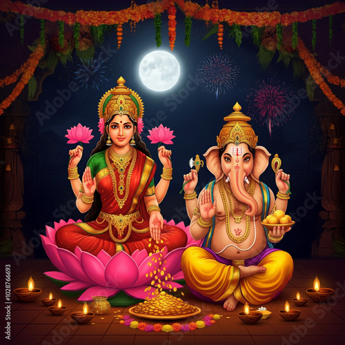 Lakshmi and Ganesha seated ...