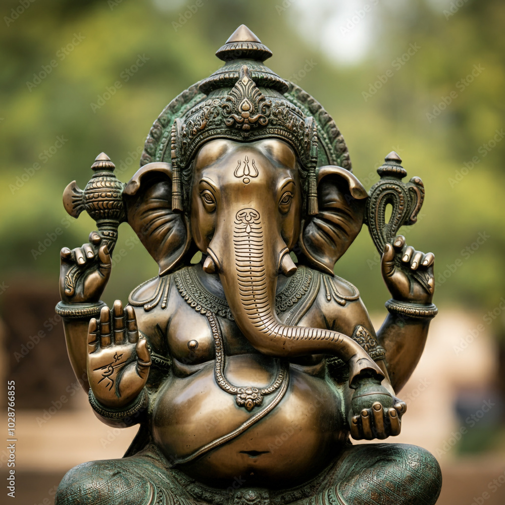 Fototapeta premium Intricate brass sculpture of Lord Ganesha, symbolizing wisdom and prosperity