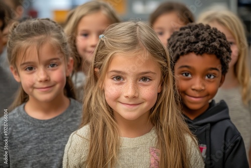 Group of elementary school students standing together in a classroom, Generative AI