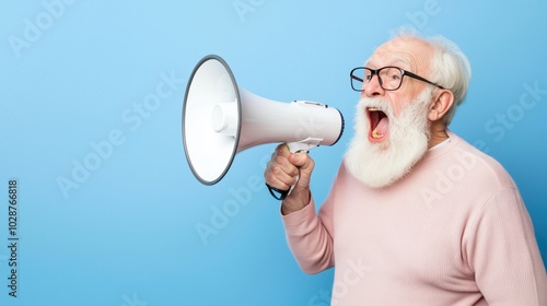 Elderly Man Yelling Megaphone Passionate Expression Stock