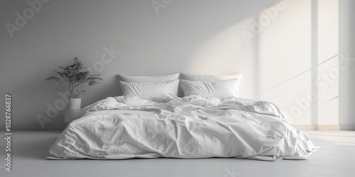 Minimalist Bedroom Sanctuary: A serene and minimalist bedroom design, featuring a pristine white bed with crisp bedding, a touch of greenery, and a soft.