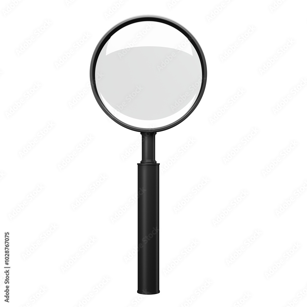 Magnifying glass with a black handle and round lens isolated on a clean white background. Concept of search, focus, and investigation. 3D Rendering. Magnifying glass with a black handle and round lens isolated on a clean white background. Concept of search, focus, and investigation. 3D Rendering.