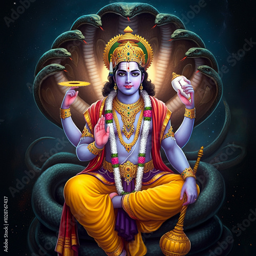 Lord Vishnu seated on the serpent Shesha, holding a discus and conch shell, symbolizing preservation