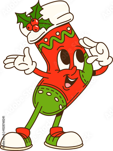 Cartoon groovy Christmas sock character. Isolated vector fun red stocking personage adorned with holly berries and wears hippie retro sneakers, adding festive vibes to the winter holiday season